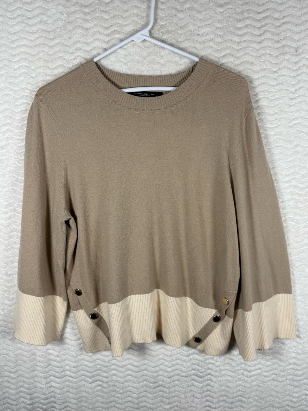 Marc New York Two-Tone Beige Crewneck Sweater with Button Details